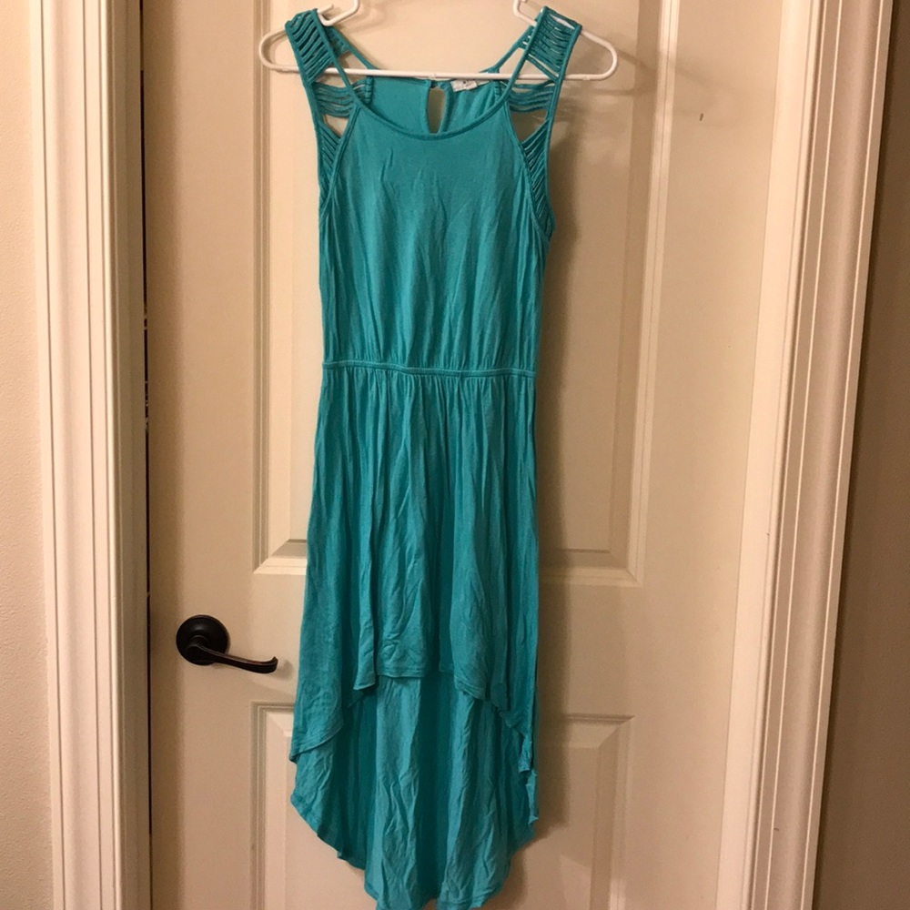 Strappy shoulder high low teal tank top dress